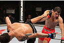 BELO HORIZONTE, BRAZIL - JUNE 23:   (L-R) Milton Vieira delivers a spinning kick to the head of Felipe Arantes  during their UFC 147 featherweight bout at Estadio Jornalista Felipe Drummond on June 23, 2012 in Belo Horizonte, Brazil.  (Photo by Josh Hedges/Zuffa LLC/Zuffa LLC via Getty Images)