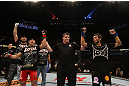 BELO HORIZONTE, BRAZIL - JUNE 23:   Felipe Arantes (L) and Milton Vieira (R) react after their UFC 147 featherweight bout is declared a draw at Estadio Jornalista Felipe Drummond on June 23, 2012 in Belo Horizonte, Brazil.  (Photo by Josh Hedges/Zuffa LLC/Zuffa LLC via Getty Images)