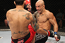 BELO HORIZONTE, BRAZIL - JUNE 23:   (L-R) Wagner "Galeto" Campos kicks Marcos Vinicius "Vina" during their UFC 147 featherweight bout at Estadio Jornalista Felipe Drummond on June 23, 2012 in Belo Horizonte, Brazil.  (Photo by Josh Hedges/Zuffa LLC/Zuffa LLC via Getty Images)