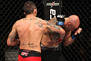 BELO HORIZONTE, BRAZIL - JUNE 23:   (L-R) Marcos Vinicius "Vina" punches Wagner "Galeto" Campos  during their UFC 147 featherweight bout at Estadio Jornalista Felipe Drummond on June 23, 2012 in Belo Horizonte, Brazil.  (Photo by Josh Hedges/Zuffa LLC/Zuffa LLC via Getty Images)