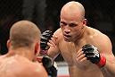 BELO HORIZONTE, BRAZIL - JUNE 23:   (R-L) Thiago "Bodao" Perpetuo squares off with Leonardo Mafra during their UFC 147 middleweight bout at Estadio Jornalista Felipe Drummond on June 23, 2012 in Belo Horizonte, Brazil.  (Photo by Josh Hedges/Zuffa LLC/Zuffa LLC via Getty Images)
