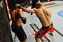BELO HORIZONTE, BRAZIL - JUNE 23:   (R-L) Thiago "Bodao" Perpetuo punches Leonardo Mafra during their UFC 147 middleweight bout at Estadio Jornalista Felipe Drummond on June 23, 2012 in Belo Horizonte, Brazil.  (Photo by Josh Hedges/Zuffa LLC/Zuffa LLC via Getty Images)