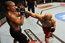 BELO HORIZONTE, BRAZIL - JUNE 23:   (R-L) Thiago "Bodao" Perpetuo punches Leonardo Mafra during their UFC 147 middleweight bout at Estadio Jornalista Felipe Drummond on June 23, 2012 in Belo Horizonte, Brazil.  (Photo by Josh Hedges/Zuffa LLC/Zuffa LLC via Getty Images)