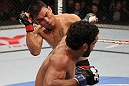 BELO HORIZONTE, BRAZIL - JUNE 23:   (R-L) Hugo "Wolverine" Viana punches John Teixeira during their UFC 147 featherweight bout at Estadio Jornalista Felipe Drummond on June 23, 2012 in Belo Horizonte, Brazil.  (Photo by Josh Hedges/Zuffa LLC/Zuffa LLC via Getty Images)