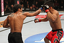 BELO HORIZONTE, BRAZIL - JUNE 23:   (L-R) Hugo "Wolverine" Viana punches John Teixeira during their UFC 147 featherweight bout at Estadio Jornalista Felipe Drummond on June 23, 2012 in Belo Horizonte, Brazil.  (Photo by Josh Hedges/Zuffa LLC/Zuffa LLC via Getty Images)