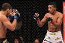 BELO HORIZONTE, BRAZIL - JUNE 23:   (R-L) Yuri Alcantara taunts Hacran Dias during their UFC 147 featherweight bout at Estadio Jornalista Felipe Drummond on June 23, 2012 in Belo Horizonte, Brazil.  (Photo by Josh Hedges/Zuffa LLC/Zuffa LLC via Getty Images)