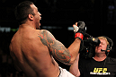 BELO HORIZONTE, BRAZIL - JUNE 23:   Fabricio Werdum reacts after defeating Mike Russow during their UFC 147 heavyweight bout at Estadio Jornalista Felipe Drummond on June 23, 2012 in Belo Horizonte, Brazil.  (Photo by Josh Hedges/Zuffa LLC/Zuffa LLC via Getty Images)