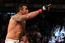 BELO HORIZONTE, BRAZIL - JUNE 23:   Fabricio Werdum reacts after defeating Mike Russow during their UFC 147 heavyweight bout at Estadio Jornalista Felipe Drummond on June 23, 2012 in Belo Horizonte, Brazil.  (Photo by Josh Hedges/Zuffa LLC/Zuffa LLC via Getty Images)