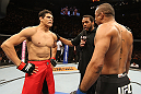 BELO HORIZONTE, BRAZIL - JUNE 23:   (L-R) Cezar "Mutante" Ferreira and Sergio "Serginho" Moraes receive final instructions from the referee before their UFC 147 middleweight bout at Estadio Jornalista Felipe Drummond on June 23, 2012 in Belo Horizonte, Brazil.  (Photo by Josh Hedges/Zuffa LLC/Zuffa LLC via Getty Images)