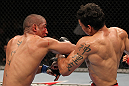 BELO HORIZONTE, BRAZIL - JUNE 23:    (L-R) Sergio "Serginho" Moraes punches Cezar "Mutante" Ferreira during their UFC 147 middleweight bout at Estadio Jornalista Felipe Drummond on June 23, 2012 in Belo Horizonte, Brazil.  (Photo by Josh Hedges/Zuffa LLC/Zuffa LLC via Getty Images)