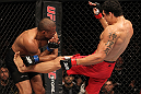 BELO HORIZONTE, BRAZIL - JUNE 23:   (R-L) Cezar "Mutante" Ferreira kicks Sergio "Serginho" Moraes during their UFC 147 middleweight bout at Est&Atilde;&iexcl;dio Jornalista Felipe Drummond on June 23, 2012 in Belo Horizonte, Brazil.  (Photo by Josh Hedges/Zuffa LLC/Zuffa LLC via Getty Images)