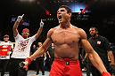 BELO HORIZONTE, BRAZIL - JUNE 23:   Cezar "Mutante" Ferreira reacts after defeating Sergio "Serginho" Moraes during their UFC 147 middleweight bout at Estadio Jornalista Felipe Drummond on June 23, 2012 in Belo Horizonte, Brazil.  (Photo by Josh Hedges/Zuffa LLC/Zuffa LLC via Getty Images)