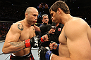 BELO HORIZONTE, BRAZIL - JUNE 23:   (L-R) Opponents Wanderlei Silva and Rich Franklin receive final instructions from the referee before their UFC 147 catchweight bout at Estadio Jornalista Felipe Drummond on June 23, 2012 in Belo Horizonte, Brazil.  (Photo by Josh Hedges/Zuffa LLC/Zuffa LLC via Getty Images)