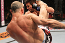 BELO HORIZONTE, BRAZIL - JUNE 23:   (L-R) Wanderlei Silva kicks Rich Franklin during their UFC 147 catchweight bout at Estadio Jornalista Felipe Drummond on June 23, 2012 in Belo Horizonte, Brazil.  (Photo by Josh Hedges/Zuffa LLC/Zuffa LLC via Getty Images)