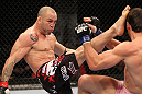 BELO HORIZONTE, BRAZIL - JUNE 23:   (L-R) Wanderlei Silva kicks Rich Franklin during their UFC 147 catchweight bout at Estadio Jornalista Felipe Drummond on June 23, 2012 in Belo Horizonte, Brazil.  (Photo by Josh Hedges/Zuffa LLC/Zuffa LLC via Getty Images)
