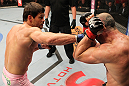 BELO HORIZONTE, BRAZIL - JUNE 23:   (L-R) Rich Franklin punches Wanderlei Silva during their UFC 147 catchweight bout at Estadio Jornalista Felipe Drummond on June 23, 2012 in Belo Horizonte, Brazil.  (Photo by Josh Hedges/Zuffa LLC/Zuffa LLC via Getty Images)