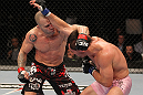 BELO HORIZONTE, BRAZIL - JUNE 23:   (L-R) Wanderlei Silva punches Rich Franklin during their UFC 147 catchweight bout at Estadio Jornalista Felipe Drummond on June 23, 2012 in Belo Horizonte, Brazil.  (Photo by Josh Hedges/Zuffa LLC/Zuffa LLC via Getty Images)