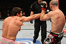 BELO HORIZONTE, BRAZIL - JUNE 23:   (L-R) Rich Franklin punches Wanderlei Silva during their UFC 147 catchweight bout at Estadio Jornalista Felipe Drummond on June 23, 2012 in Belo Horizonte, Brazil.  (Photo by Josh Hedges/Zuffa LLC/Zuffa LLC via Getty Images)