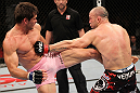 BELO HORIZONTE, BRAZIL - JUNE 23:   (L-R) Rich Franklin kicks Wanderlei Silva during their UFC 147 catchweight bout at Estadio Jornalista Felipe Drummond on June 23, 2012 in Belo Horizonte, Brazil.  (Photo by Josh Hedges/Zuffa LLC/Zuffa LLC via Getty Images)