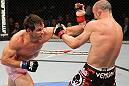 BELO HORIZONTE, BRAZIL - JUNE 23:   (L-R) Rich Franklin punches Wanderlei Silva during their UFC 147 catchweight bout at Estadio Jornalista Felipe Drummond on June 23, 2012 in Belo Horizonte, Brazil.  (Photo by Josh Hedges/Zuffa LLC/Zuffa LLC via Getty Images)