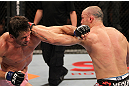 BELO HORIZONTE, BRAZIL - JUNE 23:   (L-R) Rich Franklin and Wanderlei Silva exchange punches during their UFC 147 catchweight bout at Estadio Jornalista Felipe Drummond on June 23, 2012 in Belo Horizonte, Brazil.  (Photo by Josh Hedges/Zuffa LLC/Zuffa LLC via Getty Images)