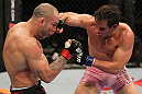 BELO HORIZONTE, BRAZIL - JUNE 23:   (R-L) Rich Franklin punches Wanderlei Silva during their UFC 147 catchweight bout at Estadio Jornalista Felipe Drummond on June 23, 2012 in Belo Horizonte, Brazil.  (Photo by Josh Hedges/Zuffa LLC/Zuffa LLC via Getty Images)