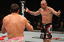 BELO HORIZONTE, BRAZIL - JUNE 23:   (R-L) Wanderlei Silva taunts Rich Franklin during their UFC 147 catchweight bout at Estadio Jornalista Felipe Drummond on June 23, 2012 in Belo Horizonte, Brazil.  (Photo by Josh Hedges/Zuffa LLC/Zuffa LLC via Getty Images)