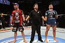 BELO HORIZONTE, BRAZIL - JUNE 23:   Wanderlei Silva (L) and Rich Franklin (R) await the decision after their five-round battle during UFC 147 at Estadio Jornalista Felipe Drummond on June 23, 2012 in Belo Horizonte, Brazil.  (Photo by Josh Hedges/Zuffa LLC/Zuffa LLC via Getty Images)