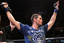BELO HORIZONTE, BRAZIL - JUNE 23: Rich Franklin reacts after defeating Wanderlei Silva during their UFC 147 middleweight bout at Estadio Jornalista Felipe Drummond on June 23, 2012 in Belo Horizonte, Brazil. (Photo by Josh Hedges/Zuffa LLC/Zuffa LLC via Getty Images)