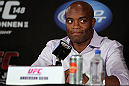 LAS VEGAS, NV - JULY 3:   UFC Middleweight Champion Anderson Silva attends  the UFC 148 press conference at Lagasse's Stadium inside The Palazzo on July 3, 2012 in Las Vegas, Nevada.  (Photo by Josh Hedges/Zuffa LLC/Zuffa LLC via Getty Images)