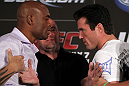 LAS VEGAS, NV - JULY 3:   (L-R) Opponents Anderson Silva and Chael Sonnen are separated by UFC President Dana White during the UFC 148 press conference at Lagasse's Stadium inside The Palazzo on July 3, 2012 in Las Vegas, Nevada.  (Photo by Josh Hedges/Zuffa LLC/Zuffa LLC via Getty Images)