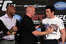 LAS VEGAS, NV - JULY 3:   (L-R) Opponents Anderson Silva and Chael Sonnen are separated by UFC President Dana White during the UFC 148 press conference at Lagasse's Stadium inside The Palazzo on July 3, 2012 in Las Vegas, Nevada.  (Photo by Josh Hedges/Zuffa LLC/Zuffa LLC via Getty Images)