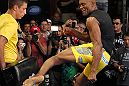 LAS VEGAS, NV - JULY 5:   Anderson Silva works out for the fans and media during the UFC 148 Open Workouts inside XS nightclub at the Encore on July 5, 2012 in Las Vegas, Nevada.  (Photo by Josh Hedges/Zuffa LLC/Zuffa LLC via Getty Images)