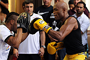 LAS VEGAS, NV - JULY 5:   Anderson Silva works out for the fans and media during the UFC 148 Open Workouts inside XS nightclub at the Encore on July 5, 2012 in Las Vegas, Nevada.  (Photo by Josh Hedges/Zuffa LLC/Zuffa LLC via Getty Images)