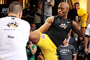 LAS VEGAS, NV - JULY 5:   Anderson Silva works out for the fans and media during the UFC 148 Open Workouts inside XS nightclub at the Encore on July 5, 2012 in Las Vegas, Nevada.  (Photo by Josh Hedges/Zuffa LLC/Zuffa LLC via Getty Images)