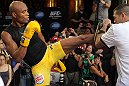 LAS VEGAS, NV - JULY 5:   Anderson Silva works out for the fans and media during the UFC 148 Open Workouts inside XS nightclub at the Encore on July 5, 2012 in Las Vegas, Nevada.  (Photo by Josh Hedges/Zuffa LLC/Zuffa LLC via Getty Images)