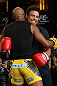 LAS VEGAS, NV - JULY 5:   (L-R) UFC Middleweight Champion Anderson Silva spars with Brazilian soccer legend Ronaldo during the UFC 148 Open Workouts inside XS nightclub at the Encore on July 5, 2012 in Las Vegas, Nevada.  (Photo by Josh Hedges/Zuffa LLC/Zuffa LLC via Getty Images)