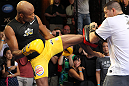 LAS VEGAS, NV - JULY 5:   Anderson Silva works out for the fans and media during the UFC 148 Open Workouts inside XS nightclub at the Encore on July 5, 2012 in Las Vegas, Nevada.  (Photo by Josh Hedges/Zuffa LLC/Zuffa LLC via Getty Images)