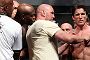 LAS VEGAS, NV - JULY 6:   UFC President Dana White separates Anderson Silva (L) and Chael Sonnen (R) during the UFC 148 Weigh In at the Mandalay Bay Events Center on July 6, 2012 in Las Vegas, Nevada.  (Photo by Josh Hedges/Zuffa LLC/Zuffa LLC via Getty Images)
