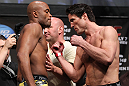 LAS VEGAS, NV - JULY 6:   (L-R) Opponents Anderson Silva and Chael Sonnen face off during the UFC 148 Weigh In at the Mandalay Bay Events Center on July 6, 2012 in Las Vegas, Nevada.  (Photo by Josh Hedges/Zuffa LLC/Zuffa LLC via Getty Images)