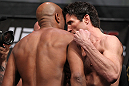 LAS VEGAS, NV - JULY 6:   (L-R) Opponents Anderson Silva and Chael Sonnen face off during the UFC 148 Weigh In at the Mandalay Bay Events Center on July 6, 2012 in Las Vegas, Nevada.  (Photo by Josh Hedges/Zuffa LLC/Zuffa LLC via Getty Images)