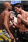 LAS VEGAS, NV - JULY 6:   (L-R) Opponents Anderson Silva and Chael Sonnen face off during the UFC 148 Weigh In at the Mandalay Bay Events Center on July 6, 2012 in Las Vegas, Nevada.  (Photo by Josh Hedges/Zuffa LLC/Zuffa LLC via Getty Images)