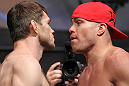 LAS VEGAS, NV - JULY 6:   (L-R) Opponents Forrest Griffin and Tito Ortiz face off during the UFC 148 Weigh In at the Mandalay Bay Events Center on July 6, 2012 in Las Vegas, Nevada.  (Photo by Josh Hedges/Zuffa LLC/Zuffa LLC via Getty Images)