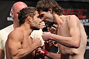 LAS VEGAS, NV - JULY 6:   (L-R) Opponents Chad Mendes and Cody McKenzie face off during the UFC 148 Weigh In at the Mandalay Bay Events Center on July 6, 2012 in Las Vegas, Nevada.  (Photo by Josh Hedges/Zuffa LLC/Zuffa LLC via Getty Images)