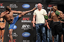 LAS VEGAS, NV - JULY 6:   (L-R) Opponents Ivan Menjivar and Mike Easton face off during the UFC 148 Weigh In at the Mandalay Bay Events Center on July 6, 2012 in Las Vegas, Nevada.  (Photo by Josh Hedges/Zuffa LLC/Zuffa LLC via Getty Images)