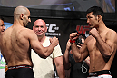 LAS VEGAS, NV - JULY 6:   (L-R) Opponents Constantinos Philippou and Riki Fukuda face off during the UFC 148 Weigh In at the Mandalay Bay Events Center on July 6, 2012 in Las Vegas, Nevada.  (Photo by Josh Hedges/Zuffa LLC/Zuffa LLC via Getty Images)