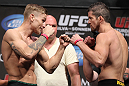 LAS VEGAS, NV - JULY 6:   (L-R) Opponents John Alessio and Shane Roller face off during the UFC 148 Weigh In at the Mandalay Bay Events Center on July 6, 2012 in Las Vegas, Nevada.  (Photo by Josh Hedges/Zuffa LLC/Zuffa LLC via Getty Images)