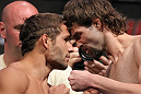 LAS VEGAS, NV - JULY 6:   (L-R) Opponents Chad Mendes and Cody McKenzie face off during the UFC 148 Weigh In at the Mandalay Bay Events Center on July 6, 2012 in Las Vegas, Nevada.  (Photo by Josh Hedges/Zuffa LLC/Zuffa LLC via Getty Images)