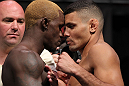 LAS VEGAS, NV - JULY 6:   (L-R) Opponents Melvin Guillard and Fabricio Camoes face off during the UFC 148 Weigh In at the Mandalay Bay Events Center on July 6, 2012 in Las Vegas, Nevada.  (Photo by Josh Hedges/Zuffa LLC/Zuffa LLC via Getty Images)