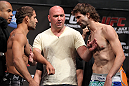LAS VEGAS, NV - JULY 6:   (L-R) Opponents Chad Mendes and Cody McKenzie face off during the UFC 148 Weigh In at the Mandalay Bay Events Center on July 6, 2012 in Las Vegas, Nevada.  (Photo by Josh Hedges/Zuffa LLC/Zuffa LLC via Getty Images)
